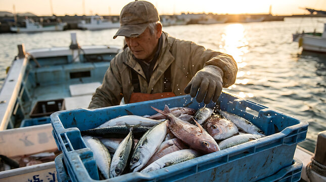 Man sorting fresh fish in a blue boat