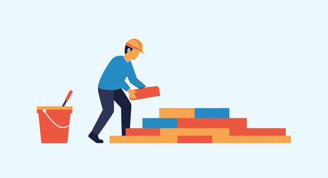Construction worker building colorful block staircase with effort.
