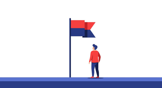 Person Standing Beside Tall Colorful Signal Flag Outdoors.
