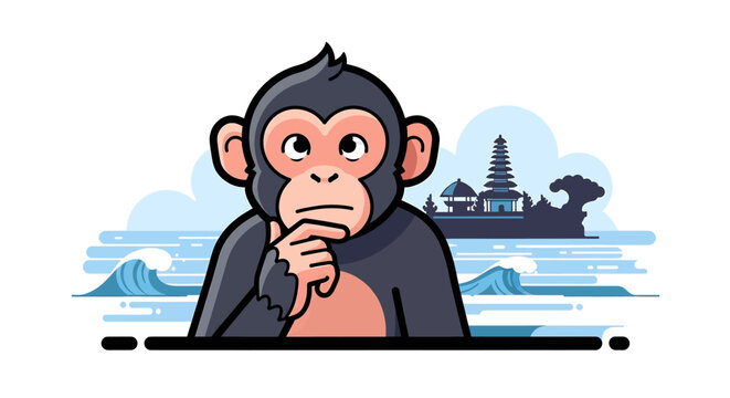 Monkey thinking with hand on chin.