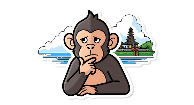Monkey thinking with hand on chin.