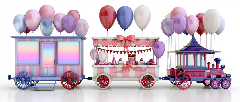 Colorful parade floats with retro decorations and balloons  