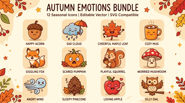 A colorful flat lay of cartoon autumn icons featuring various seasonal objects and characters on a beige background with warm tones