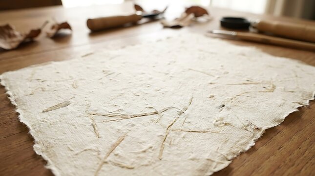Close up of a rough textured paper sheet with visible fibers and deckle edges.