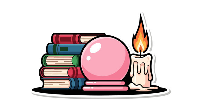 Pink crystal ball on books candle.