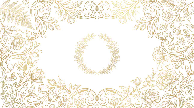 Elegant gold floral invitation background with luxury botanical hand-drawn border and central decorative wreath, perfect for wedding stationery, sophisticated greeting cards, and festive designs.