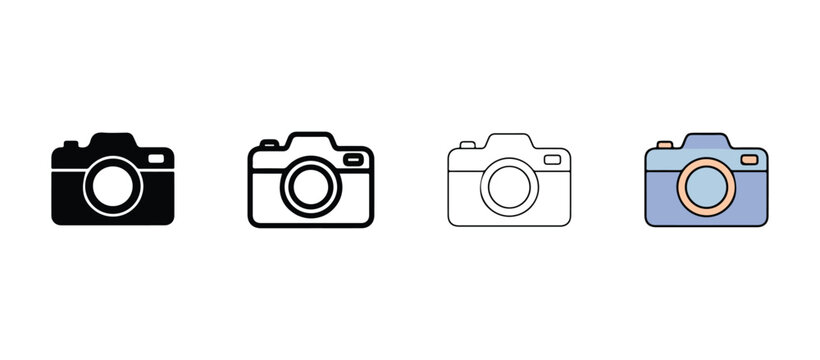 camera icons in black white and blue colors for photography and videography concepts  various styles and designs