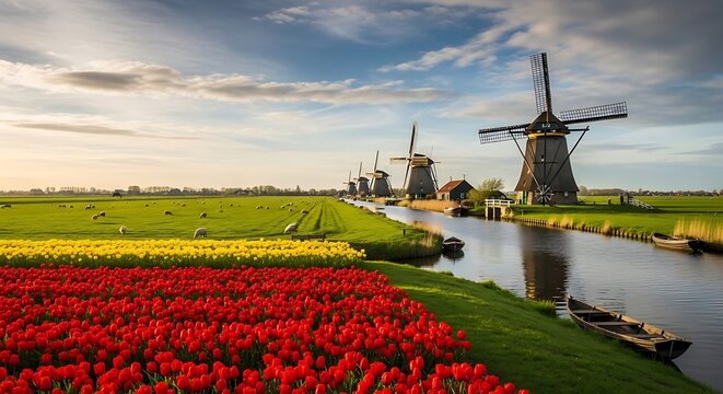 Rural landscape with windmills and vibrant flower fields by canal