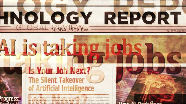Ai is taking jobs breaking news. Artificial intelligence, layoff and job loss title headline newspaper. Information media print glitch and noise animation.