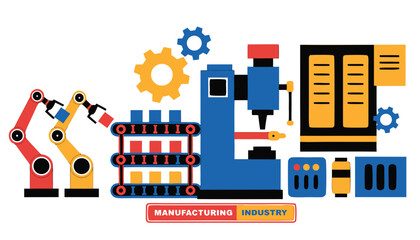 Obraz premium Very beautiful realistic vector illustration featuring robot arms, conveyor belts, assembly line equipment, machine presses, and precision gears, isolated on white background, with a colorful label re