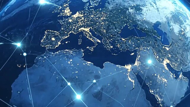 A glowing digital network connects the planet in deep space