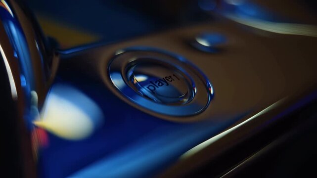 Glossy metallic device rotating into reveal with illuminated circular player button under mixed