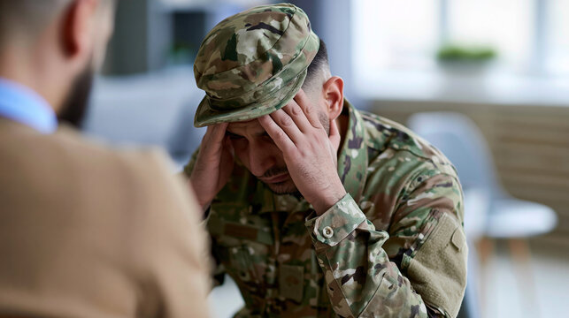 Traumatized soldier in military uniform during therapy session expressing emotional distress and mental health struggle.