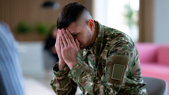 Traumatized soldier in military uniform during therapy session expressing emotional distress and mental health struggle.