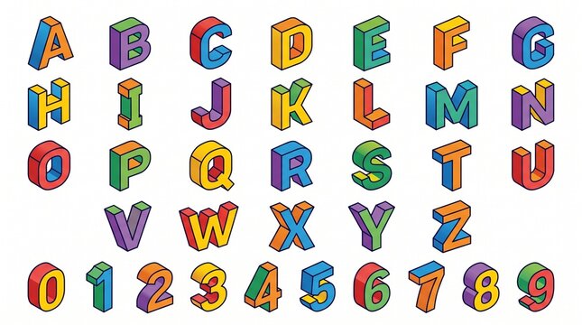 Colorful 3D block letters A-Z and numbers 0-9. Each character has bright colors like red, blue, green, yellow, purple, and orange with isometric shading.