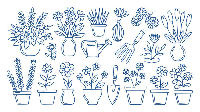 Floral arrangement and gardening tools line illustration with a white background showcasing botanical elements flowers plants wateringcan spade rake