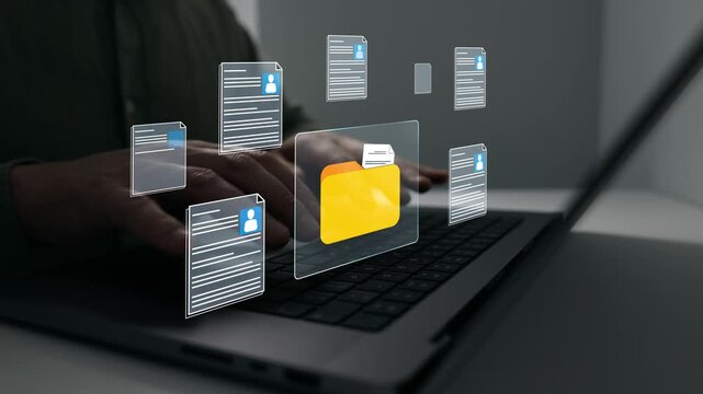 Corporate document storage theme with digital archive, employee records, database organization and secure information management.