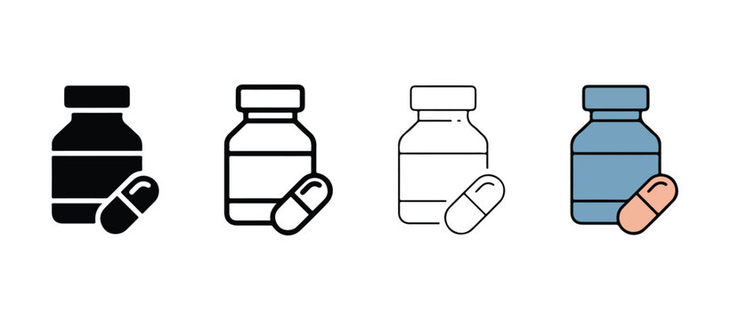 medicine bottle and pill icons in various line styles and colors for health and pharmaceutical concepts  medical symbols