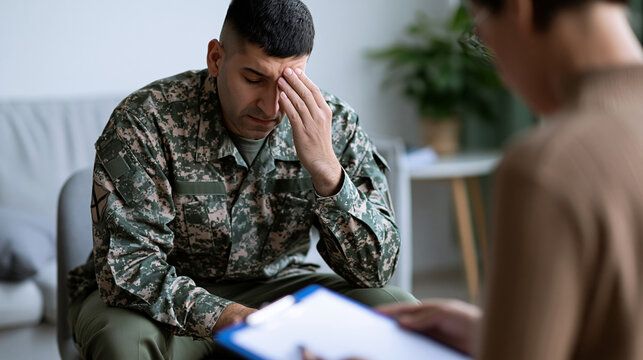 Traumatized soldier in military uniform during therapy session expressing emotional distress and mental health struggle.