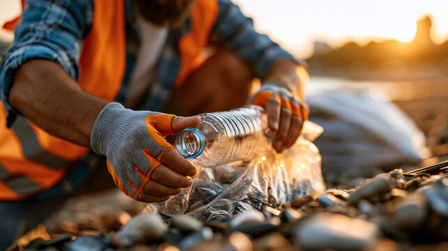 Volunteer placing a discarded plastic bottle into a recycling bag on the beach with practical field equipment, safety-focused workflow and believable environmental context, symbolizing