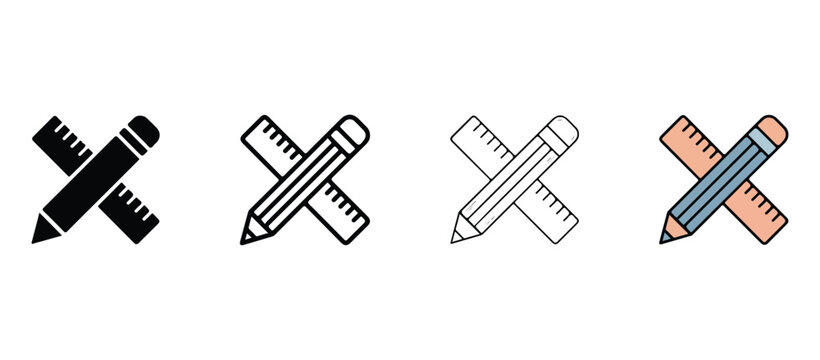  pencil and ruler icons crossed over each other for drawing and design isolated on white background