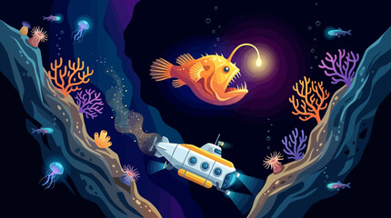 Underwater Fish Aquarium World Map Blue Night Sky Illustration with Fish Sea Nature Space Elements Moon Sun Stars Bubbles Cartoon Pattern Background © Rizky