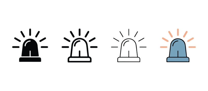 siren light icons in black line white and blue with rays  emergency alert symbols used for warning and notification purposes