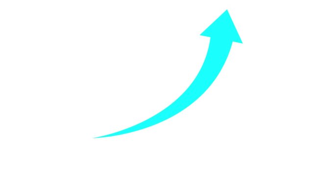Minimalist cyan arrow growing upwards in curved trajectory on white background animation showing positive financial trend development and prosperity.