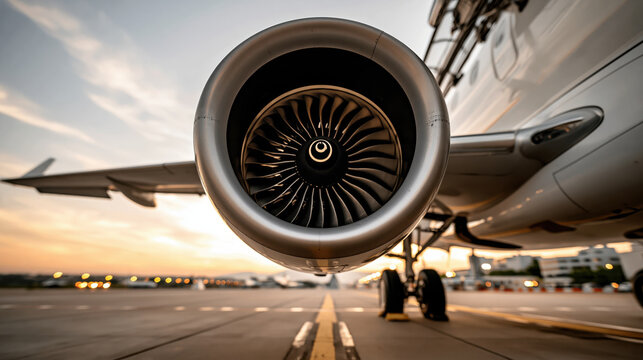 Airplane engine jet turbine aircraft maintenance aviation mechanic airport runway sunset sky metal blade close up engineering transportation power Modern airplane engine jet turbine aircraft