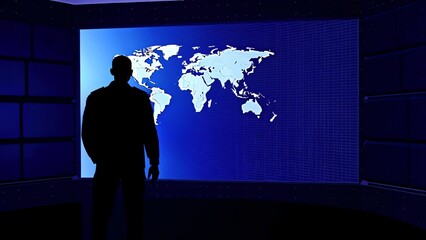 Fototapeta premium Silhouette Man Observing World Map Display in Dark Control Room