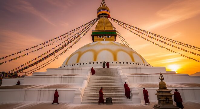 Sacred buddhist stupa golden dome prayer flags sunset sky worship
