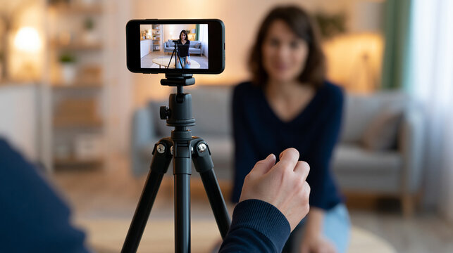 Woman recording a video with smartphone on tripod at home, representing content creation, vlogging and social media communication.