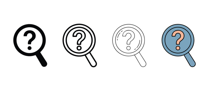 magnifying glass icons with question marks on white background  various design styles for search or investigation concepts
