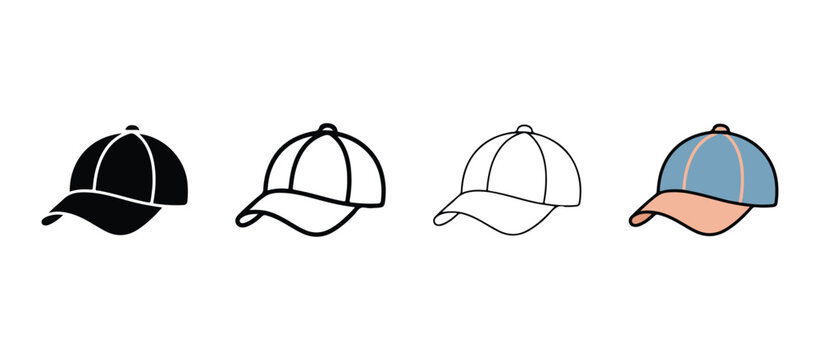 baseball caps in various colors and line art  isolated on white background