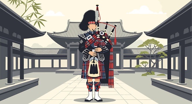 Man in traditional Scottish kilt uniform.