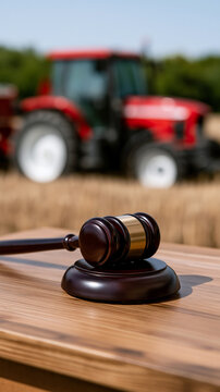 Judge gavel on a wooden table with a tractor in the background, representing legal regulation, agriculture industry and rural policy.