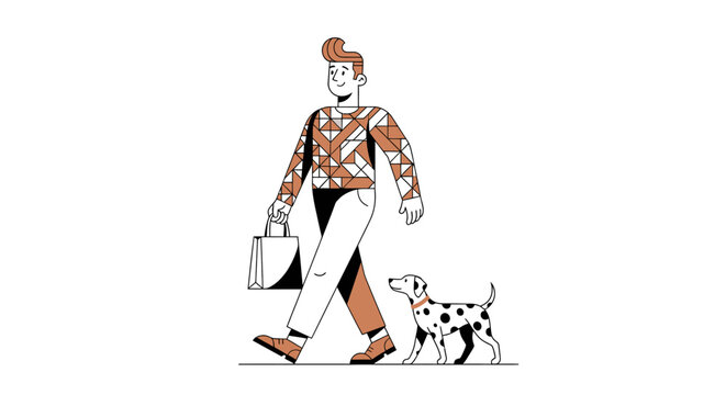Man in patterned shirt walking a Dalmatian dog.