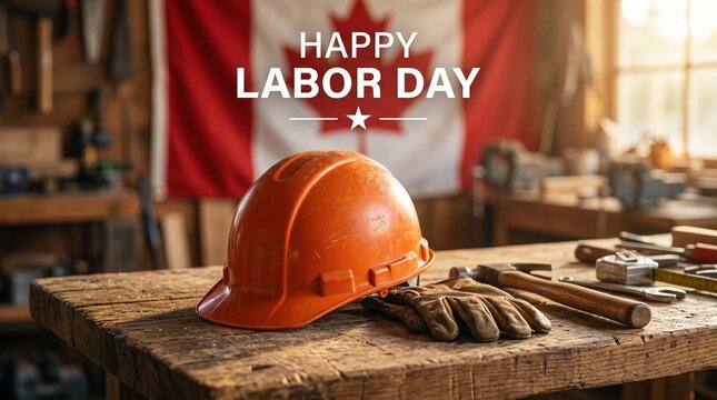 Happy Labor Day greeting with construction helmet and tools on a wooden workbench