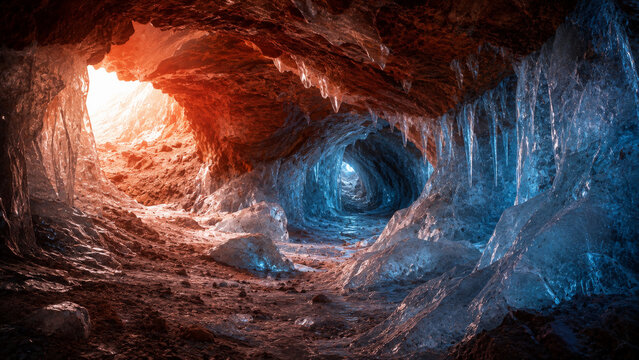 Ice cave, frozen tunnel, blue crystal, rocky formation, sunlight, natural wonder, adventure
