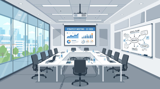 Modern business meeting room in office interior with laptop, conference table, empty boardroom, chair, desk, and professional workplace design