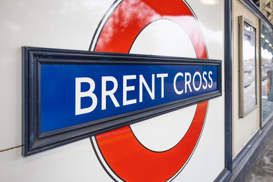 London Underground roundel sign at Brent Cross station. London, UK, 31 December 2023