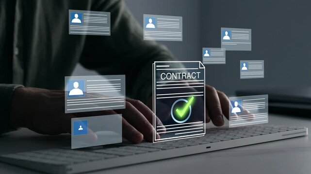Job hiring and contract approval concept showing employee selection, documentation and business organizational structure.
