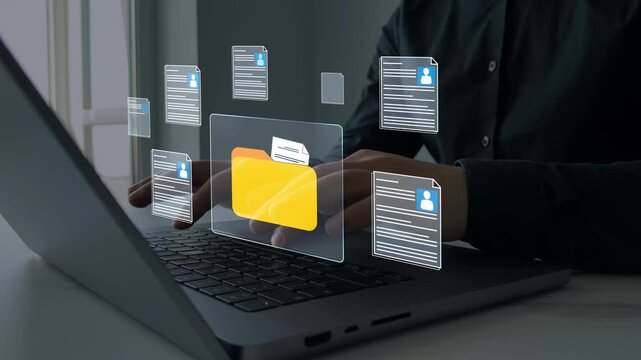 Employee document archive concept featuring secure file storage, personnel records, digital databases and organized office documentation systems.