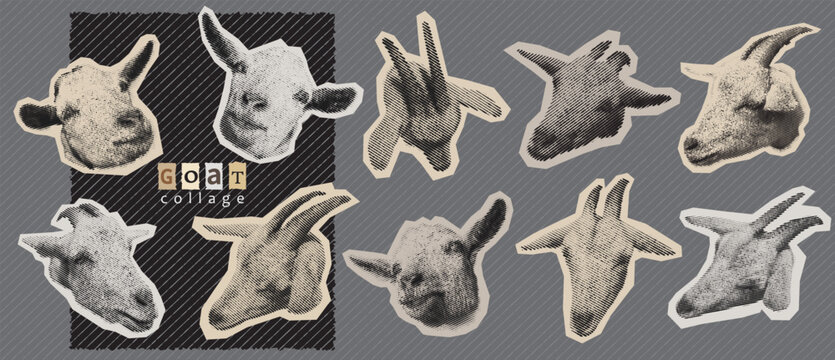 Grey zine culture goat collage vector banner. Retro punk magazine cutout animal sticker set with torn paper texture and halftone print for streetwear design.