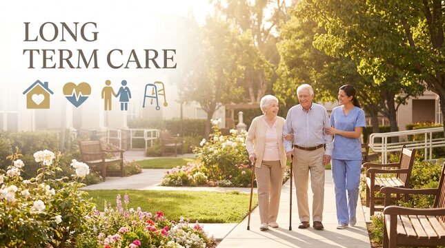 Elderly couple with caregiver walking outdoors in a sunny garden of a retirement housing long term care community, showing support mobility and social well being.
