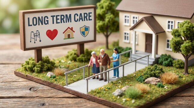 Miniature model of long term care elderly retirement housing showing facility building, ramped entrance, elderly resident figures, caregiver figure, sign and garden symbolizing care and community.