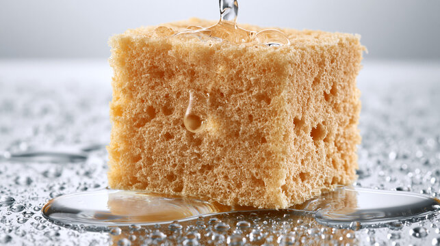 hygroscopic. A water-soaked sponge expanding with reflective surface and droplets. STEM education sheets, lab safety posters, designed for STEM education and laboratory safety posters.