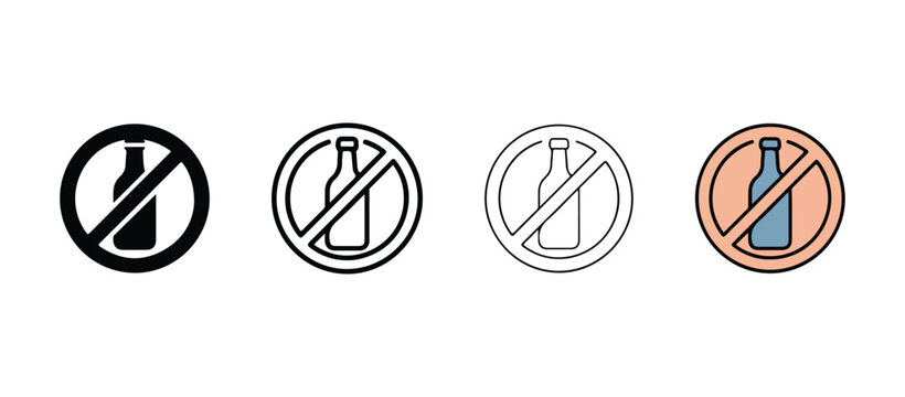 No alcohol signs with bottles and prohibition symbols in various colors and line styles for graphic design  no drinking icons