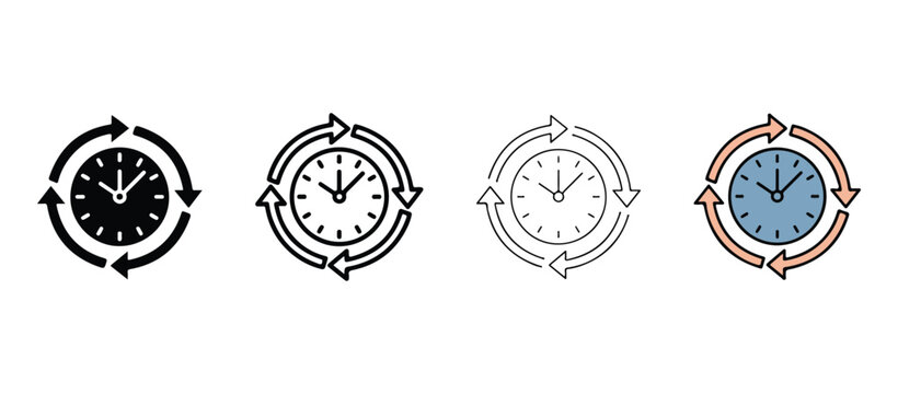 Clock icons with circular arrow symbols for time management and cyclical process on white background