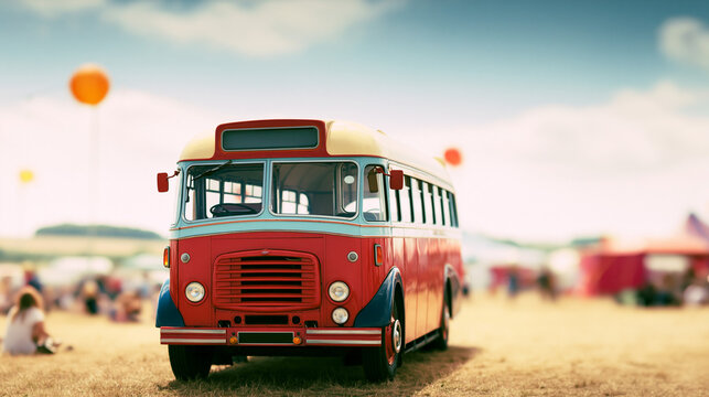 Vintage red bus parked on grassy field at outdoor festival  